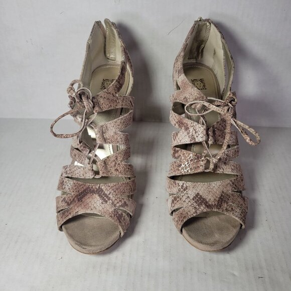 Ann Taylor Loft Snake Print Peep Toe Lace-Up Leather Heeled Sandals Womens 8M - Picture 2 of 9